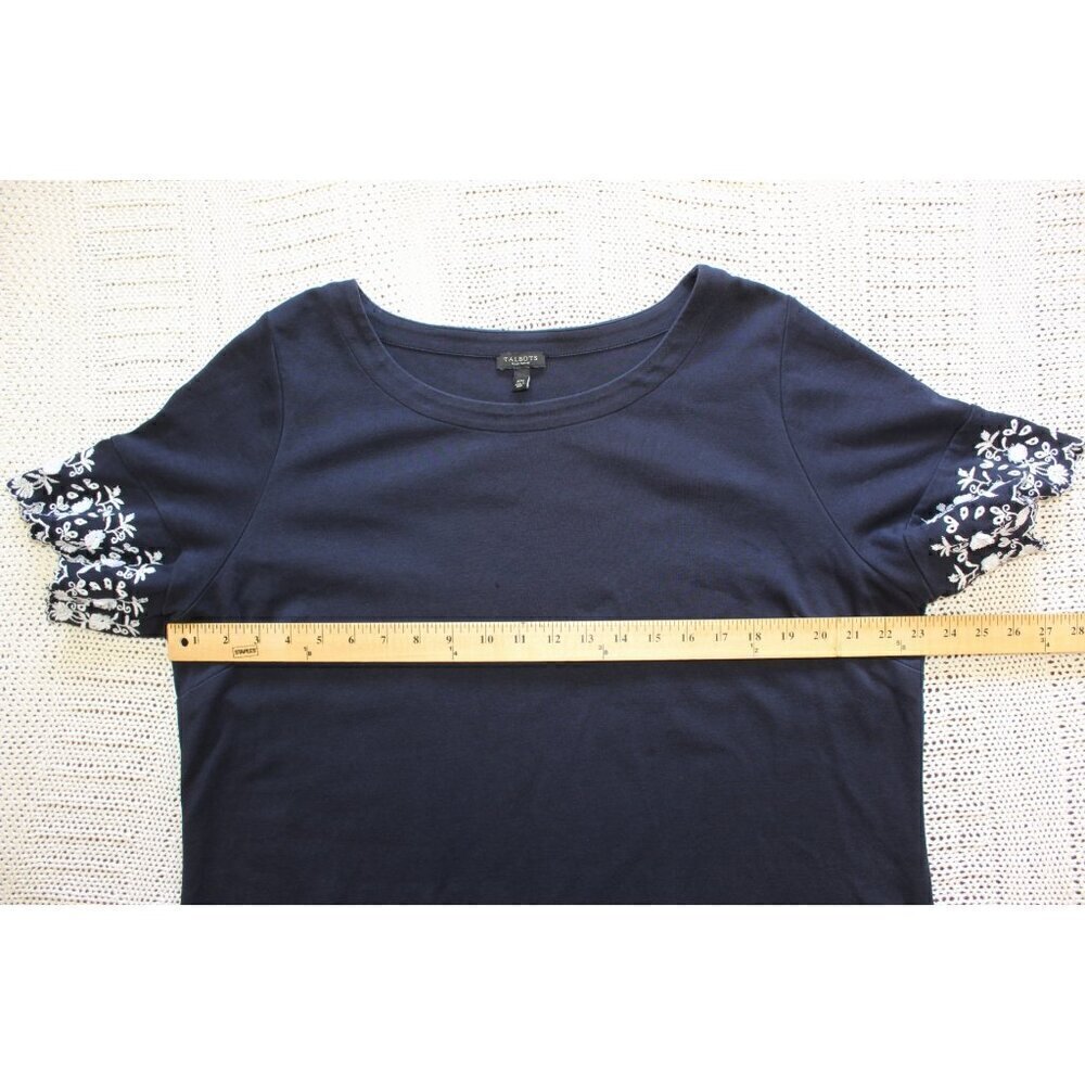 Talbots Navy Blue Embroidered Sleeve Shift Mini Dress Size 2XP Pullover Cotton - Picture 2 of 11